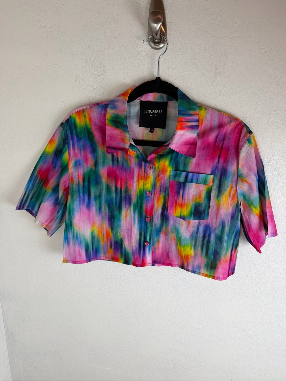 LE SUPERBE Multicolor Tie-Dye In melting Florals Cropped Button-Up Shirt